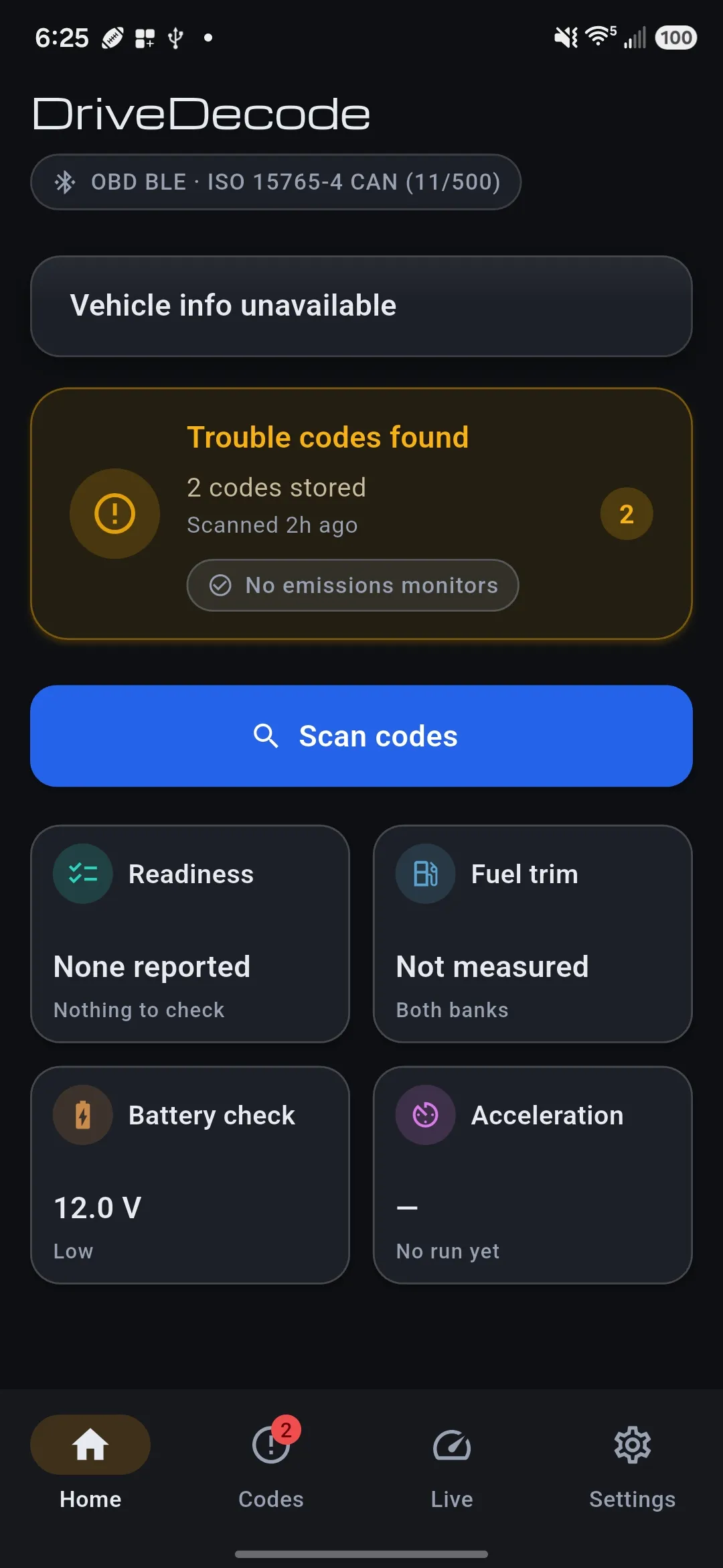 The DriveDecode app home screen, showing an amber Trouble codes found panel reading 2 codes stored, a Scan codes button, and tiles for readiness, fuel trim, battery check and acceleration.