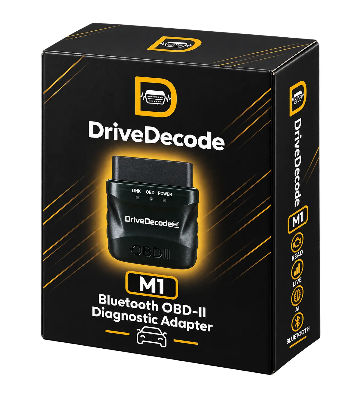 The DriveDecode M1 retail box, black with amber detailing, showing the adapter and the words Bluetooth OBD-II Diagnostic Adapter.